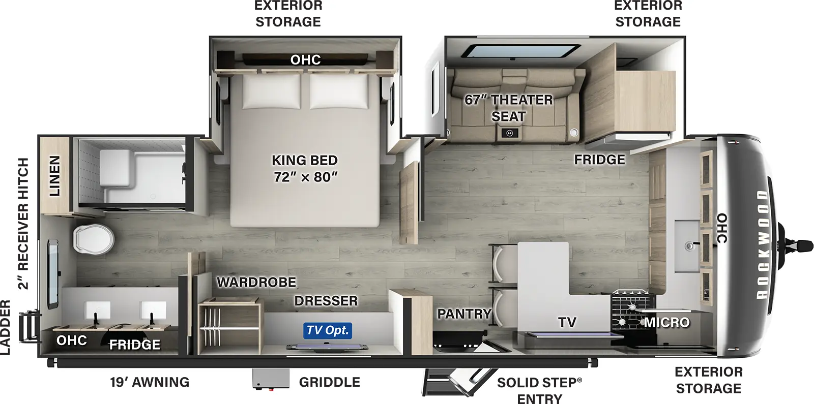 The Rockwood Signature Travel Trailers 8263MBR has one entry and two slide outs. Exterior features include: fiberglass exterior and 19' awning. Interiors features include: front kitchen and rear bathroom.